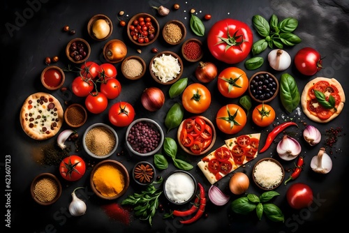 A sumptuous array of food ingredients and spices is artfully arranged on a black concrete background, showcasing the essence of Italian cuisine.AI generated