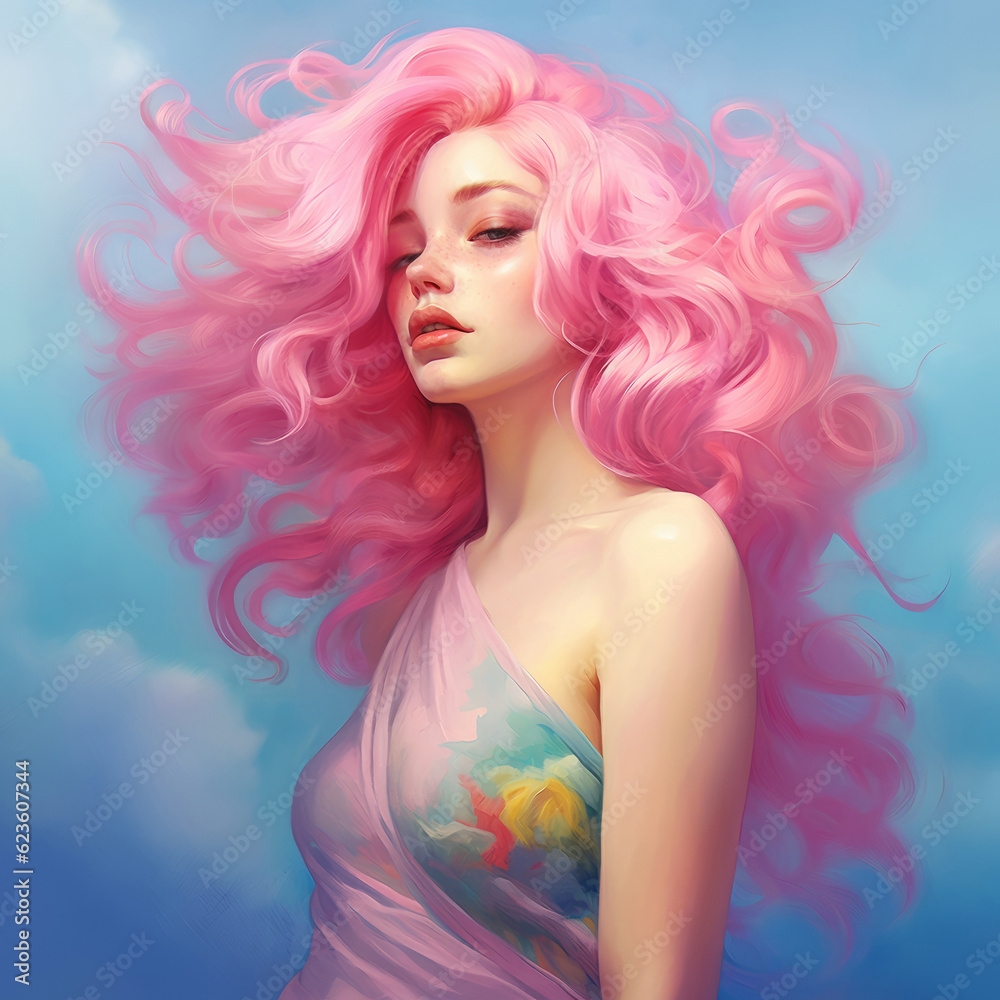 Glamorous pretty woman with beautiful wavy pink hair, mysterious and sensual attitude - Generative AI