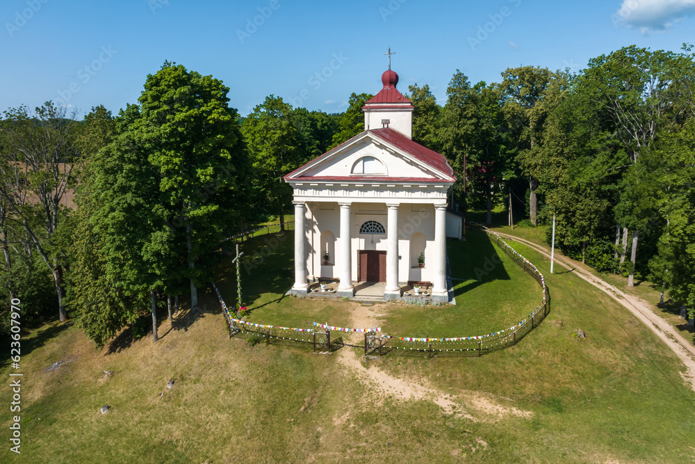 aerial view on neo gothic or baroque temple or catholic church in countryside