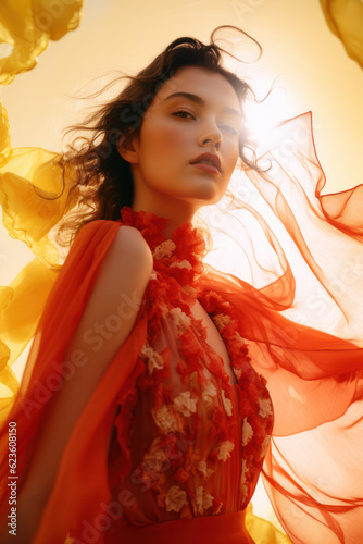 woman/model in an illuminated setting reminding of sunlight with dancing ethereal movements in flowing dress in a fashion/beauty editorial magazine style film photography look - generative ai art