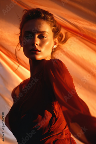 woman/model in an illuminated setting reminding of sunlight with dancing ethereal movements in flowing dress in a fashion/beauty editorial magazine style film photography look - generative ai art
