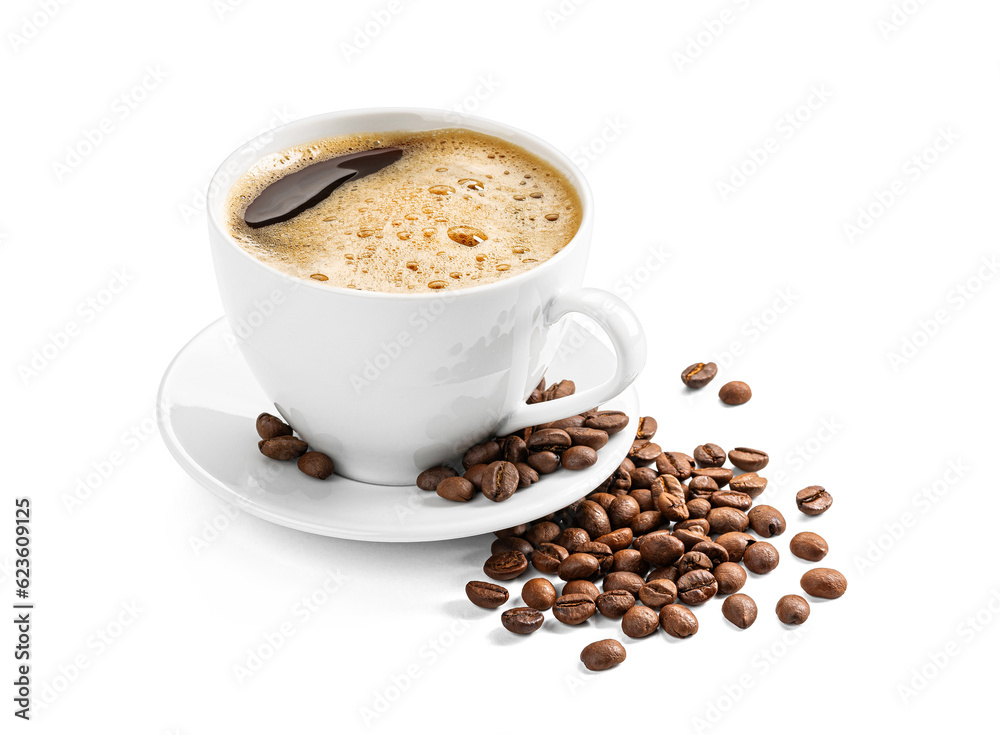 Coffee cup and beans on a white background.