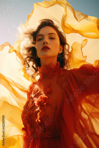 woman/model in an illuminated setting reminding of sunlight with dancing ethereal movements in flowing dress in a fashion/beauty editorial magazine style film photography look - generative ai art