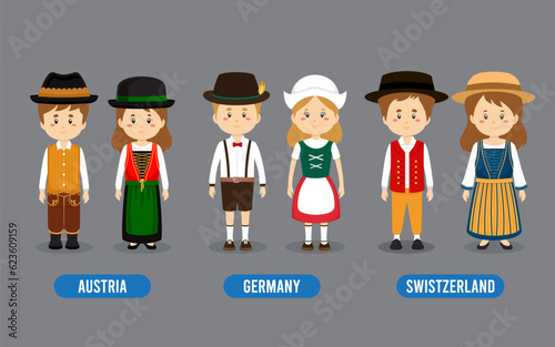 Set of European People Wearing Traditional Outfit