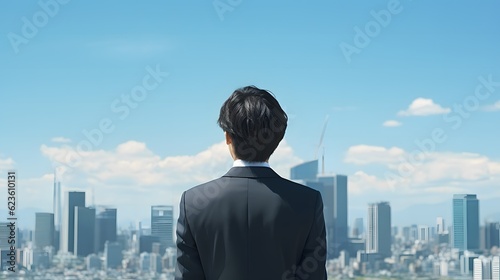 屋上から遠くを見つめるビジネスマン