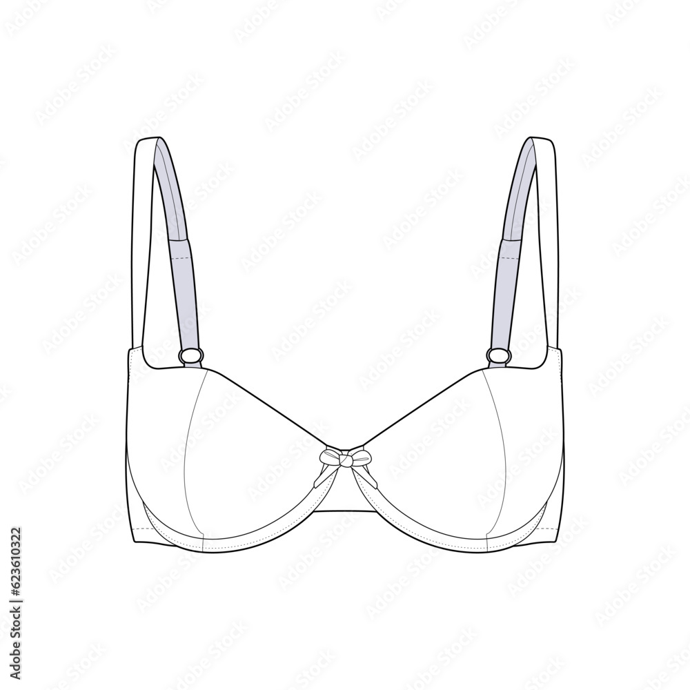 Bra front view fashion flat sketch for Tech Pack. Lingerie CAD drawing, black and white, vector graphics for garment production apparel brand, underwear for women Bra front view fashion flat sketch for Tech Pack. Lingerie CAD drawing, black and white, vector graphics for garment production apparel brand, underwear for women