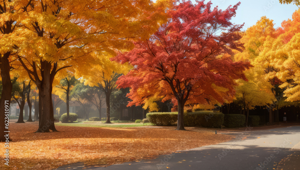 Autumn Leaves in Park Red Orange with Road Matte Painting Generative AI Illustration