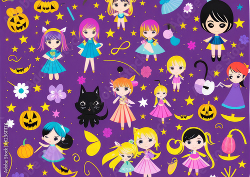 Cartoon Halloween Abstract Background with Girls, Black Cat, Stars,Pumpkins,Flowers,Purple,Yellow,Orange, yellow,Generative AI Illustration