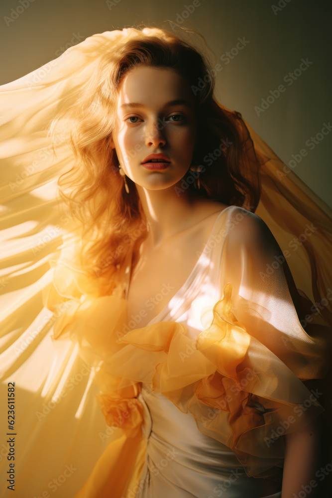 portrait of a woman/model/book character standing by daylight/window in warm colours with shadows in a fashion/beauty editorial magazine style film photography look - generative ai art portrait of a woman/model/book character standing by daylight/window in warm colours with shadows in a fashion/beauty editorial magazine style film photography look - generative ai art