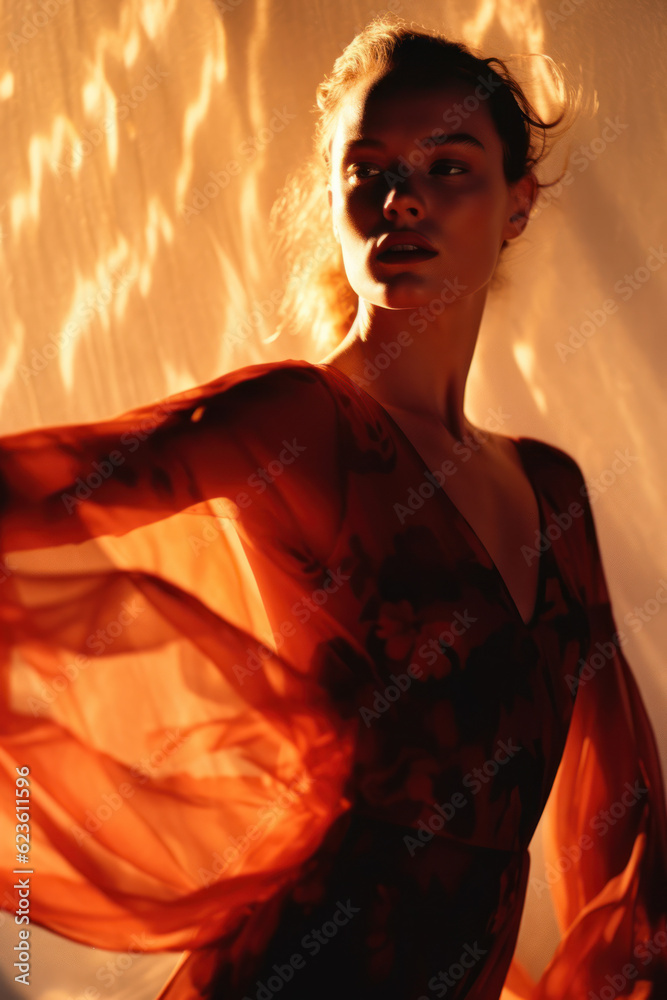 woman/model in an illuminated setting reminding of sunlight with dancing ethereal movements in flowing dress in a fashion/beauty editorial magazine style film photography look - generative ai art woman/model in an illuminated setting reminding of sunlight with dancing ethereal movements in flowing dress in a fashion/beauty editorial magazine style film photography look - generative ai art