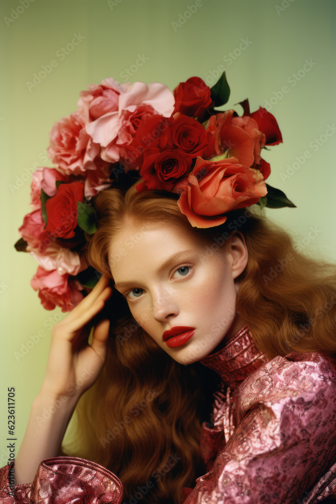 Naklejka premium portrait of a woman/model/book character surrounded by flowers in warm daylight with a thoughtful expression in a fashion/beauty editorial magazine style film photography look - generative ai art