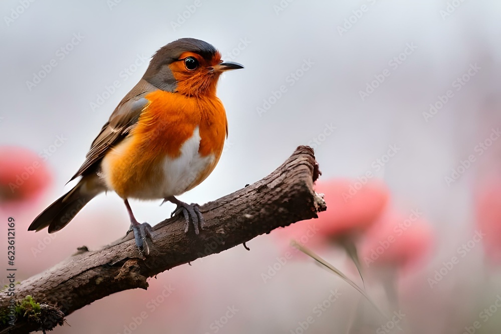 Fototapeta premium Funny Robin bird bird sit on a branch in a spring, birds in nature, Generative AI