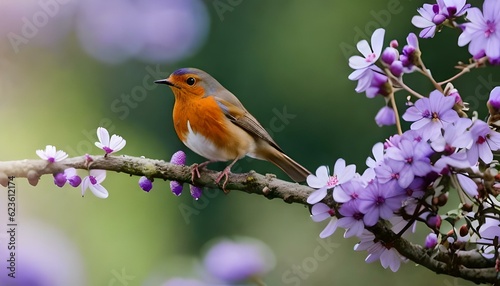 Funny Robin bird bird sit on a branch in a spring, birds in nature, Generative AI