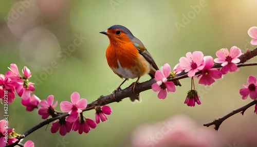 Funny Robin bird bird sit on a branch in a spring, birds in nature, Generative AI