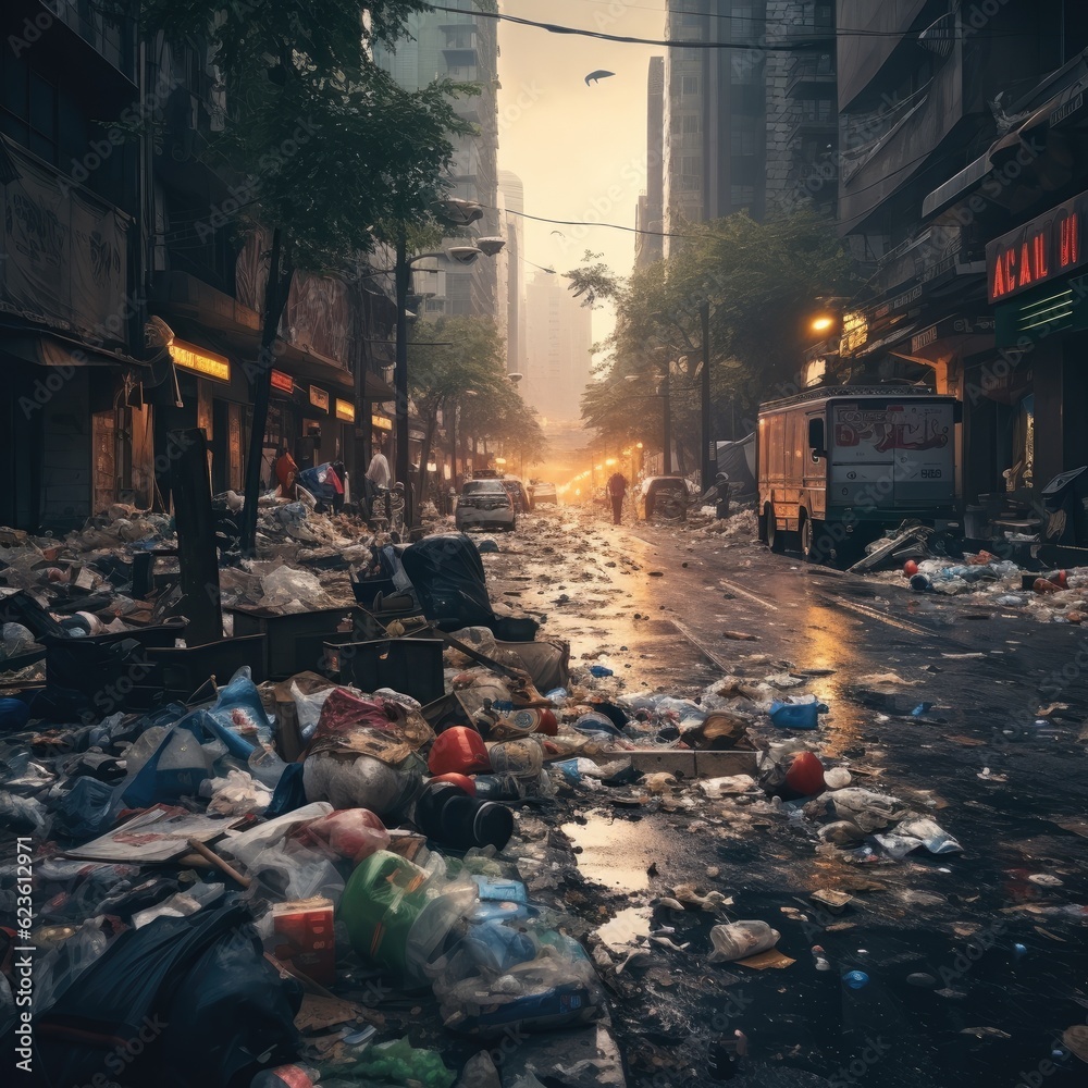 illustration of a pile of garbage on the streets of the city. ai generative