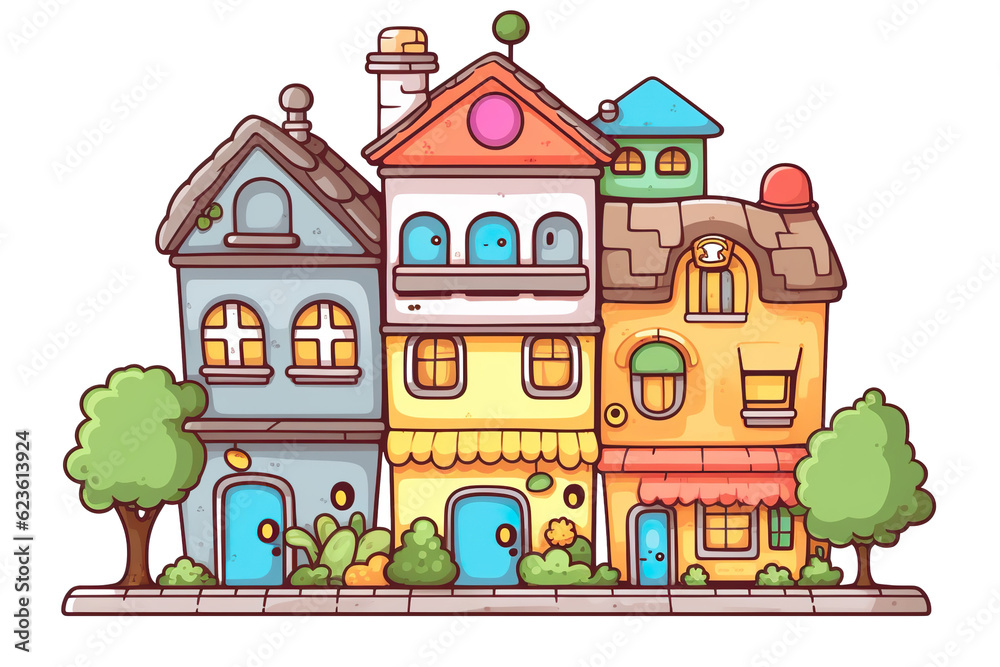 Kawaii beautiful houses, buildings sticker image, in the style of kawaii art, meme art, isolated white background PNG Kawaii beautiful houses, buildings sticker image, in the style of kawaii art, meme art, isolated white background PNG