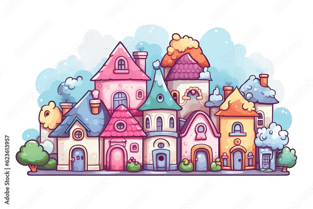 Kawaii beautiful houses, buildings sticker image, in the style of kawaii art, meme art, isolated white background PNG