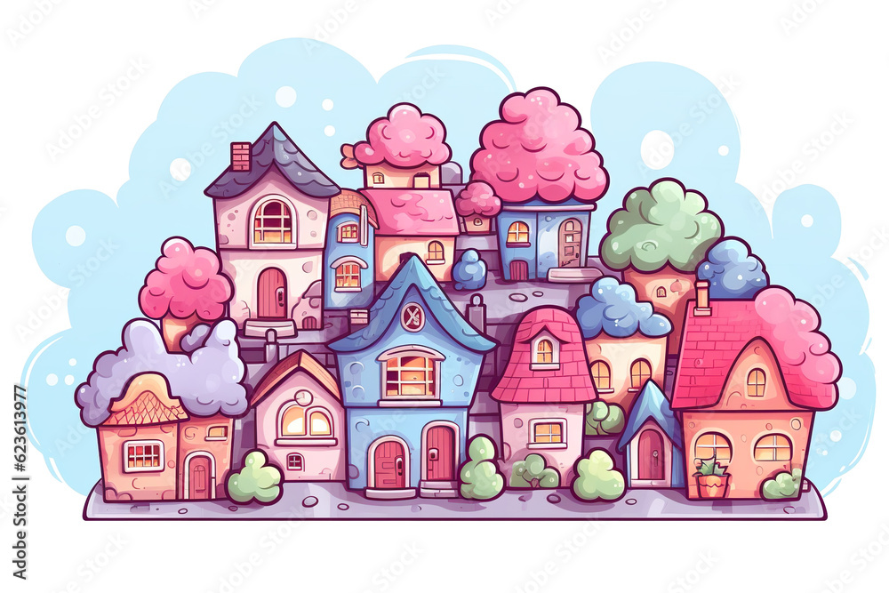 Kawaii beautiful houses, buildings sticker image, in the style of kawaii art, meme art, isolated white background PNG