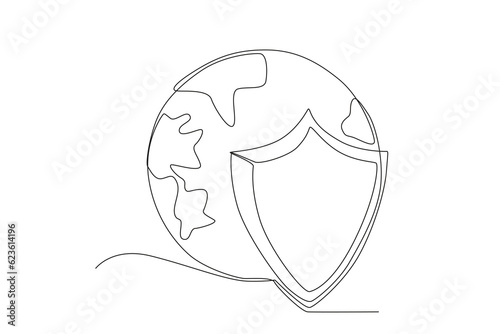 An earth with a symbol of protection in front of it. World ozone day one-line drawing