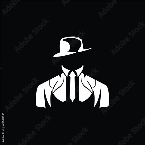 Detective Man Logo Design, Mafia Detective Fashion Tuxedo And Hat Illustration Vector, BlackMan Businesman Icon