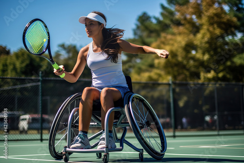 Photo of a woman in a wheelchair holding a tennis racket