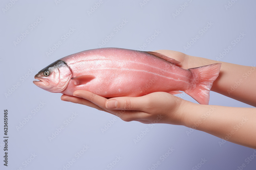 Hands holding fresh salmon on pastel background, fresh food ingredients, Healthy food