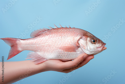 Hands holding fresh tilapia fish on pastel background, fresh food ingredients, Healthy food