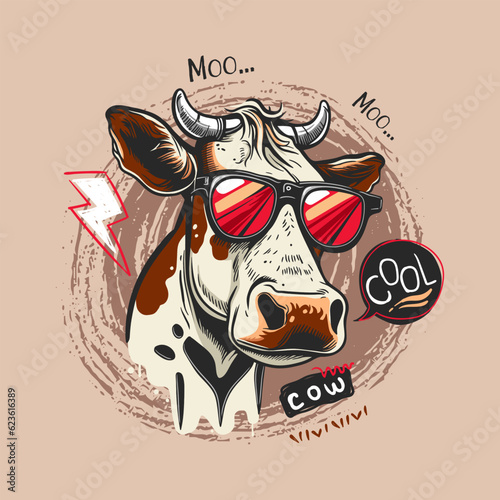 Cartoon cow wearing cool sunglasses, vector design concept