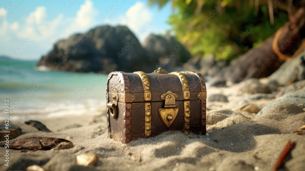 Fototapeta premium The treasure chest on the beach with sunlight