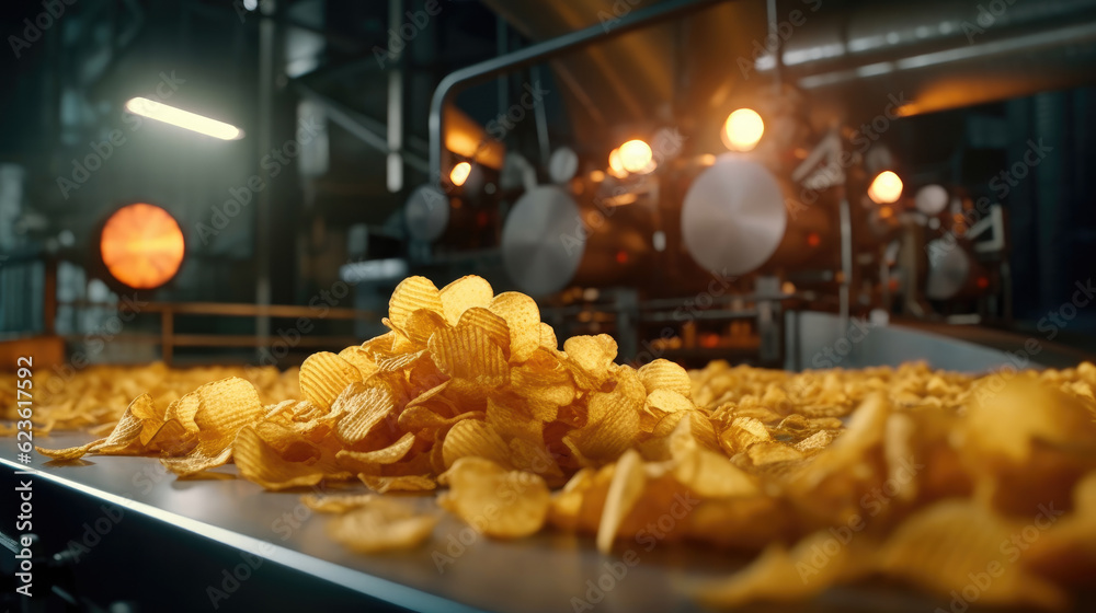 Chips on converter belt, potato chips packaging, line for the production and packaging of potato chips