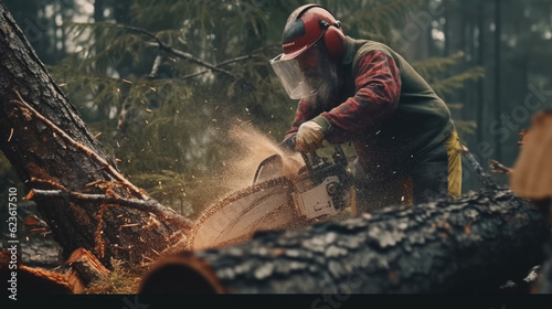 Fotografia A man is cutting wood in the forest with a chainsaw