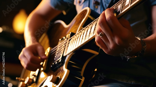 Close-up of a singer playing guitar in music studio