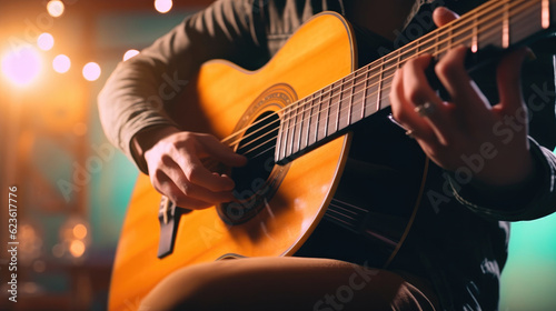Close-up of a singer playing guitar in music studio