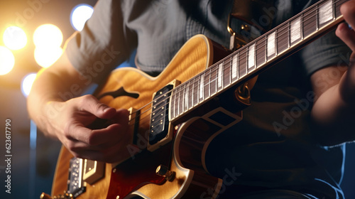 Close-up of a singer playing guitar in music studio