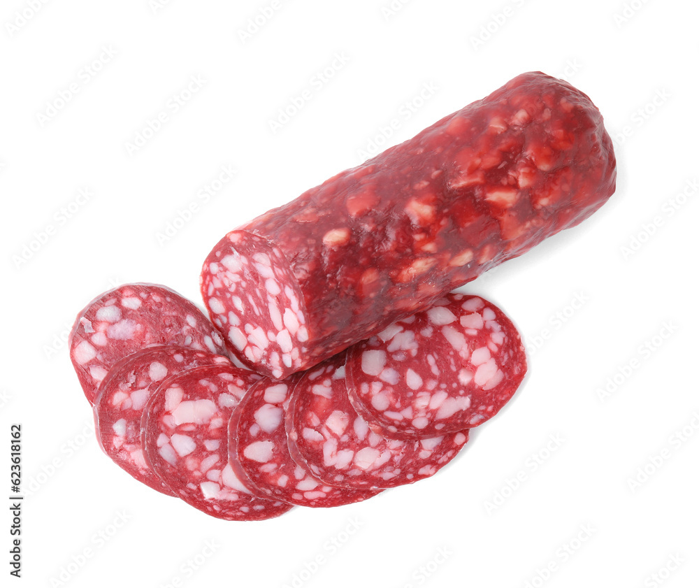 Delicious cut smoked sausage isolated on white, top view Delicious cut smoked sausage isolated on white, top view
