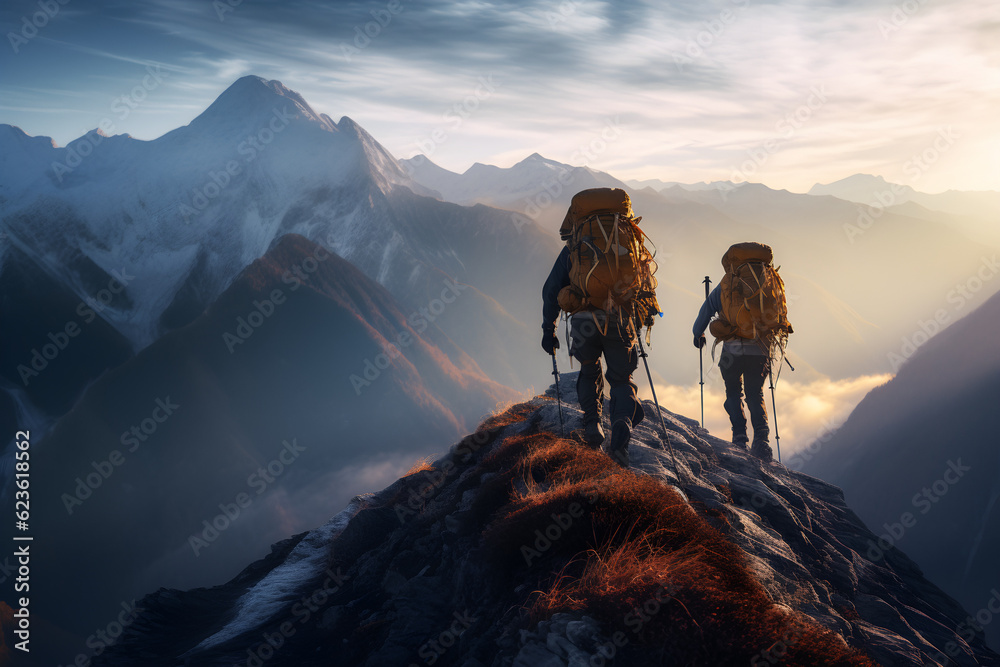 f hikers climbing a mountain, with a mountain climbing day concept - obrazy, fototapety, plakaty 
