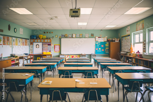 A classroom with well-arranged desks. getting ready to welcome new students. back to school concept