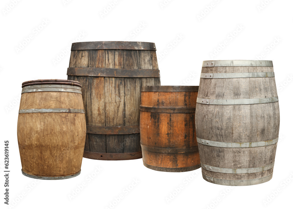 Many different wooden barrels on white background Many different wooden barrels on white background