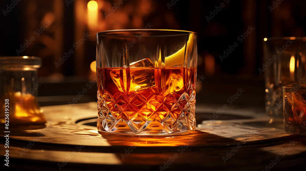 Tasty Sazerac with Whiskey Sugar Peychaud's Bitters Absinthe Rinse served on a table top ultra detailed studio lights on dark  background product photo for restaurant generative ai