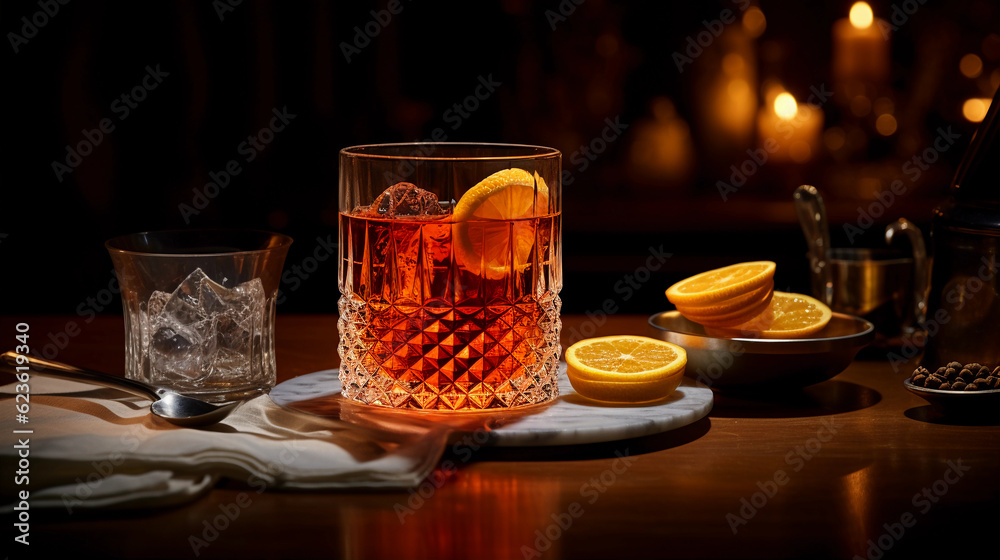 Tasty Sazerac with Whiskey Sugar Peychaud's Bitters Absinthe Rinse served on a table top ultra detailed studio lights on dark background product photo for restaurant generative ai Tasty Sazerac with Whiskey Sugar Peychaud's Bitters Absinthe Rinse served on a table top ultra detailed studio lights on dark background product photo for restaurant generative ai