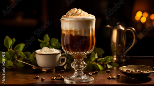 Tasty Irish Coffee with Whiskey Coffee Sugar Cream served on a table top ultra detailed studio lights on dark  background product photo for restaurant generative ai