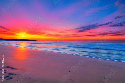 Serenity at Sunset: Tranquil Beach with Vibrant Sky. Generative AI 