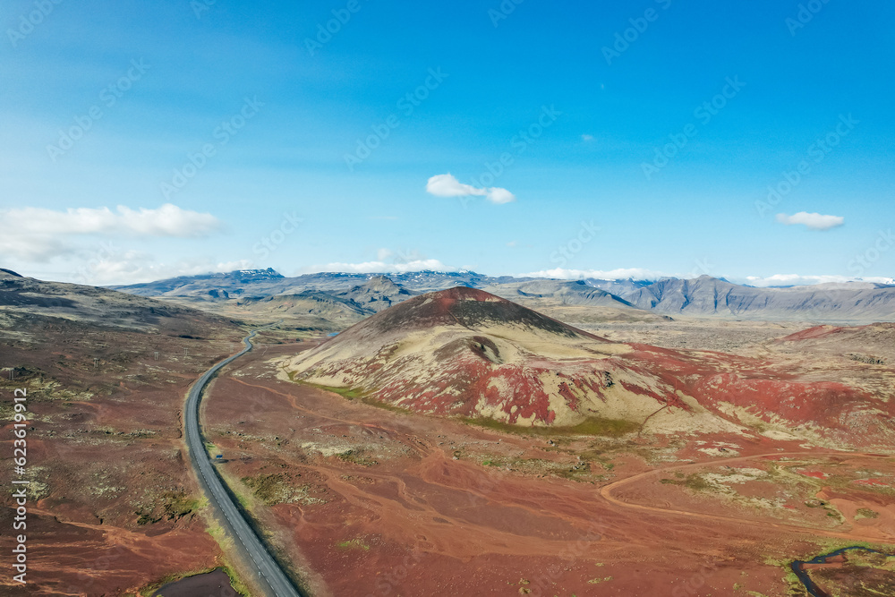 Aerial drone view of the volcanic craters of Berserkjahraun in West Iceland