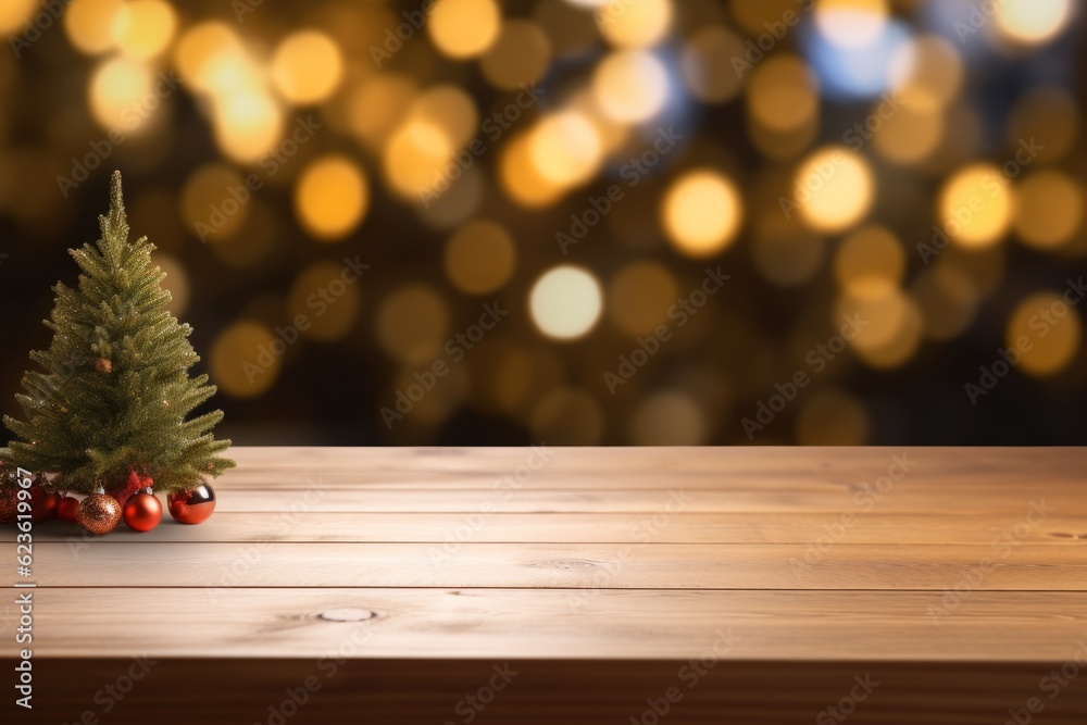 Empty woooden table top with abstract warm living room decor with christmas tree string light blur background Empty woooden table top with abstract warm living room decor with christmas tree string light blur background