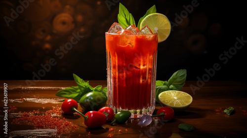 Tasty Bloody Mary with Vodka Tomato Juice Worcestershire Sauce Tabasco served on a table top ultra detailed studio lights on dark  background product photo for restaurant generative ai