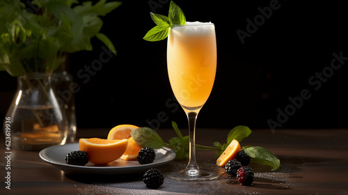 Tasty Bellini with Prosecco Peach Puree served on a table top ultra detailed studio lights on dark background product photo for restaurant generative ai