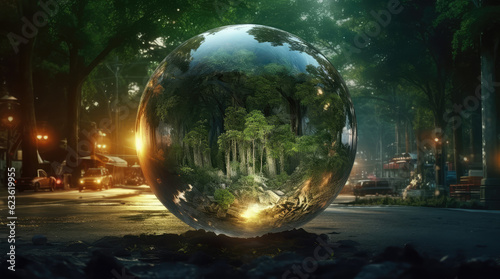 a big crystal ball full of green trees with nature and life inside the crystal vola  in the middle of a post-apocalyptic burning world  4k  qhd  hyper-realistic  full of details