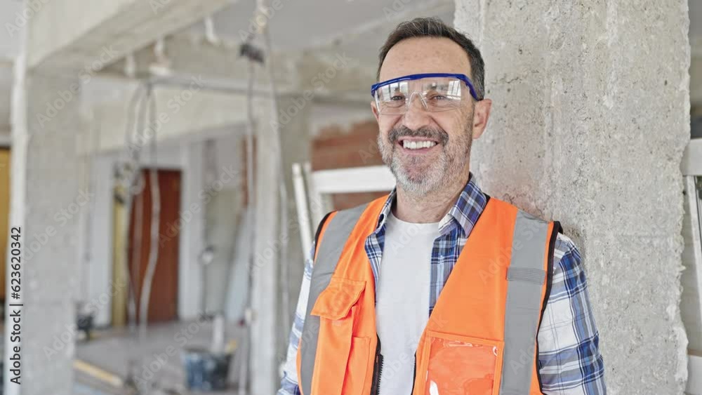 Middle age man builder smiling confident standing at construction site Middle age man builder smiling confident standing at construction site