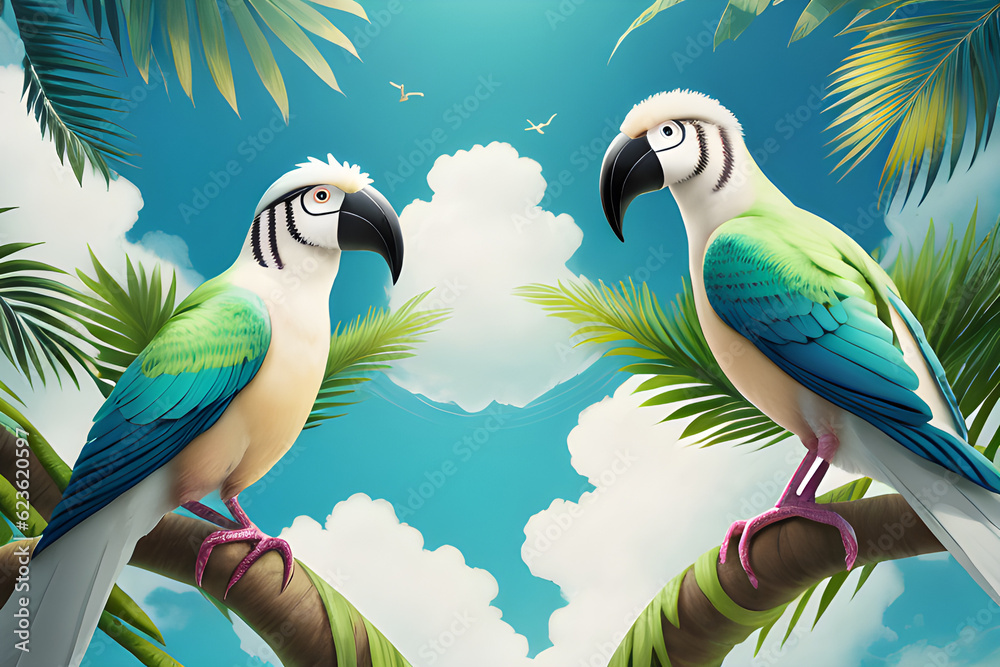 Obraz premium Tropical birds, sky-matching background, Generative AI, ai