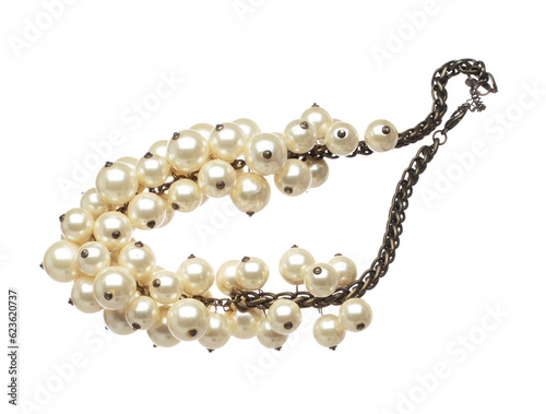 Pearl bead style necklet fly in air. Deep sea pearl bead necklace as gemstone for fashion ornament decorative items. Fashion ornament necklace to add more style. White background isolated